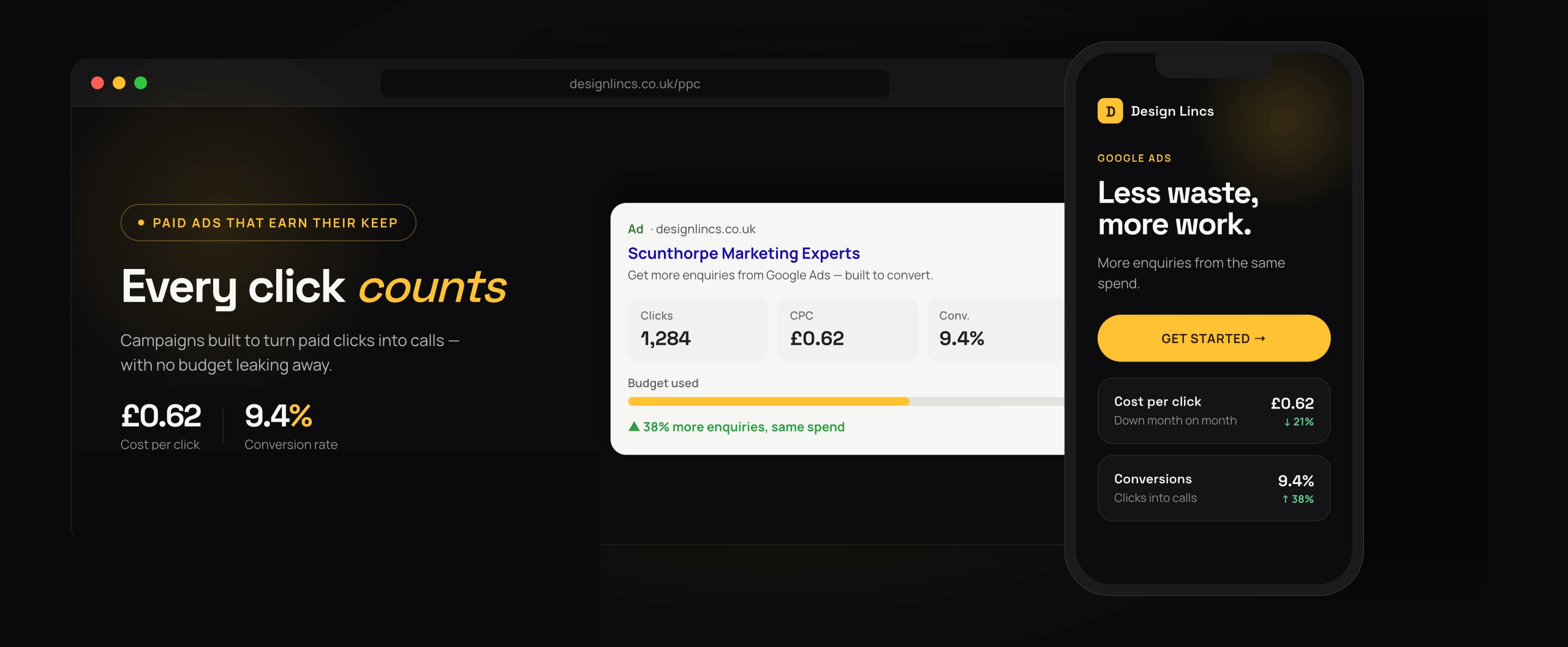 Google Ads PPC campaign by Design Lincs, PPC management in Scunthorpe (DN17 2FL), shown on desktop and mobile