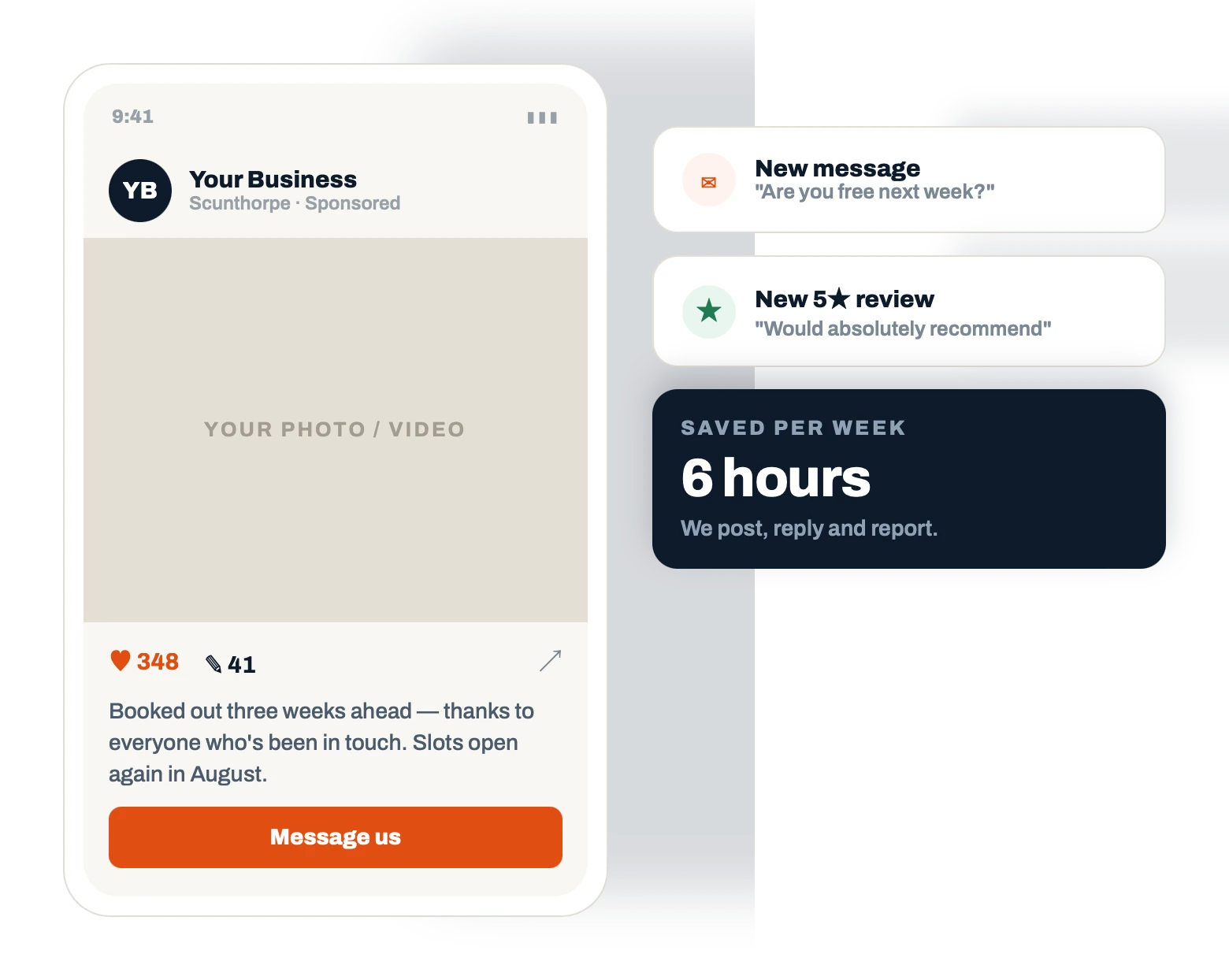 Social media management for Scunthorpe businesses: sponsored post with strong engagement, new messages and 5-star reviews, saving 6 hours a week with Design Lincs.