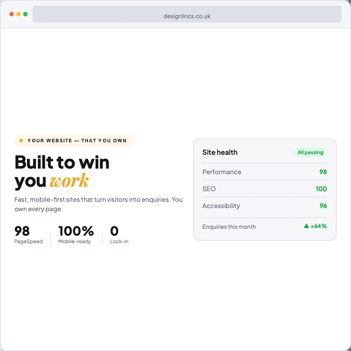 Fast, hand-coded website by Design Lincs in Scunthorpe with a 100 PageSpeed score